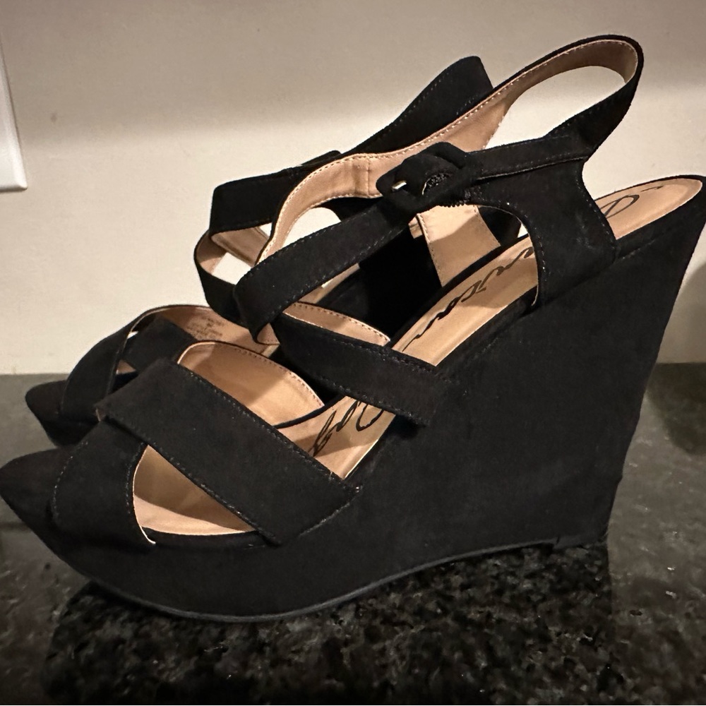 Strappy black suede wedges size 9